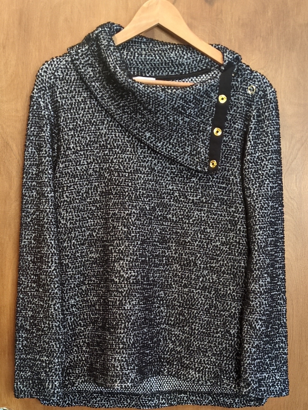 Calvin Klein Black and White Marled Cowl Neck Sweater with Gold Snaps Size M